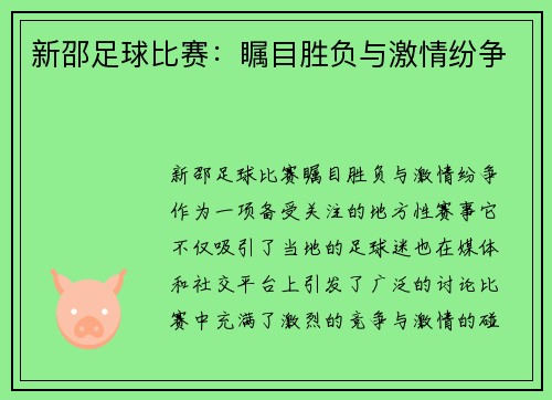新邵足球比赛:瞩目胜负与激情纷争