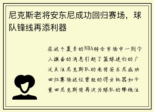尼克斯老将安东尼成功回归赛场，球队锋线再添利器