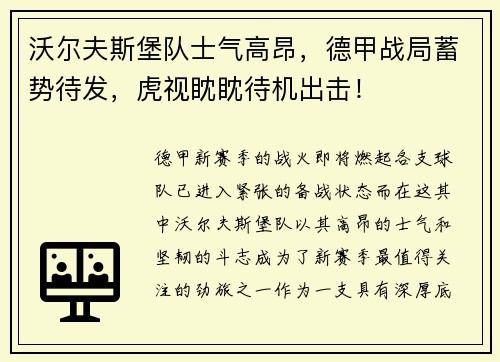 沃尔夫斯堡队士气高昂,德甲战局蓄势待发,虎视眈眈待机出击!
