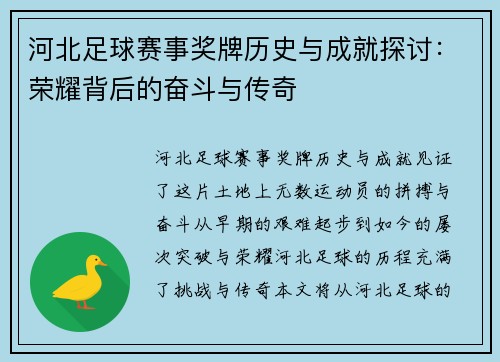 河北足球赛事奖牌历史与成就探讨：荣耀背后的奋斗与传奇