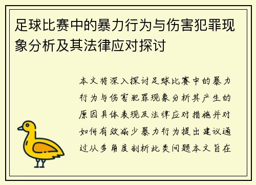 足球比赛中的暴力行为与伤害犯罪现象分析及其法律应对探讨