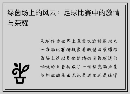 绿茵场上的风云：足球比赛中的激情与荣耀