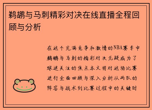 鹈鹕与马刺精彩对决在线直播全程回顾与分析