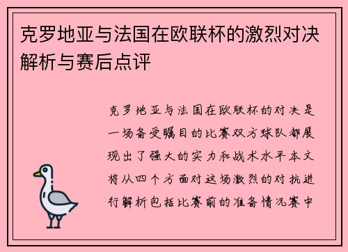 克罗地亚与法国在欧联杯的激烈对决解析与赛后点评