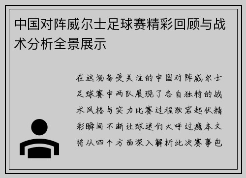 中国对阵威尔士足球赛精彩回顾与战术分析全景展示