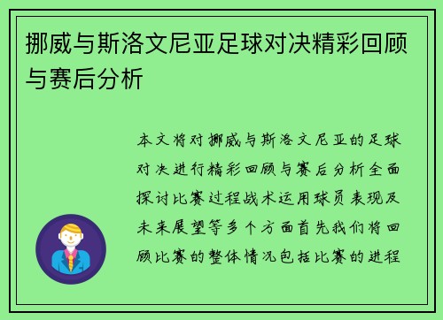 挪威与斯洛文尼亚足球对决精彩回顾与赛后分析