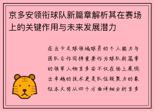 京多安领衔球队新篇章解析其在赛场上的关键作用与未来发展潜力
