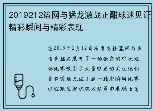 2019212篮网与猛龙激战正酣球迷见证精彩瞬间与精彩表现